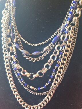 Multi-Strand Silver Chain Necklace with Blue Beads - Women Jewelry 13" Length